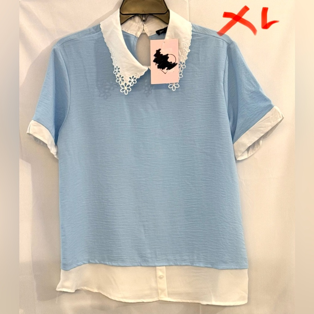 Sky Blue Blouse with White Collar
